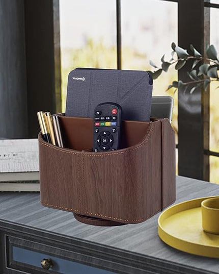 RHCSZ Brown 360 Degree Swiveling TV Remote Control Holder/Caddy, Leather Desk Organizer for Office and Home Furniture Decoration Storage Box(Dark wood grain)