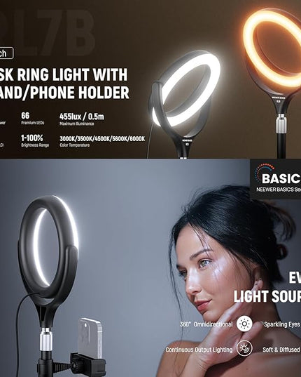 NEEWER Basics 7" Desk Ring Light with Stand/Phone Holder Compatible with iPhone, 10W CRI95+ Bi Color LED Selfie Light for TikTok Recording Laptop Webcam Zoom Video Conference Lighting Makeup, RL7B