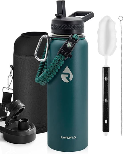 Insulated Water Bottle 40 oz, Triple Wall Vacuum Stainless Steel (Cold for 48 Hrs), Leak Proof & Non-BPA, Modern Water Flask Jug with Paracord Handle & Straw Spout Lids, Dark Green