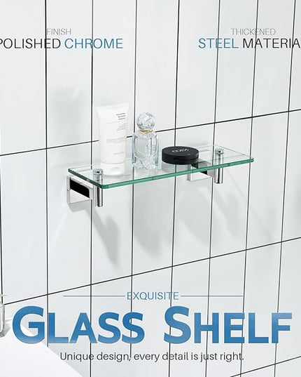 KOKOSIRI Bathroom Shelves Wall Mounted Floating Glass Shelf Polished Stainless Steel 12-Inch Hanging Rack for Storage/Room Decor 2 Pack B1105CH-L12-P2