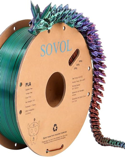 Sovol Silk PLA Filament Tri Color Co-Extrusion 1.75mm, 3D Printer Filament 1kg/ 2.2lbs, Shiny Silk Copper Purple Green 3 in 1 Coextrusion PLA Material +/-0.03mm