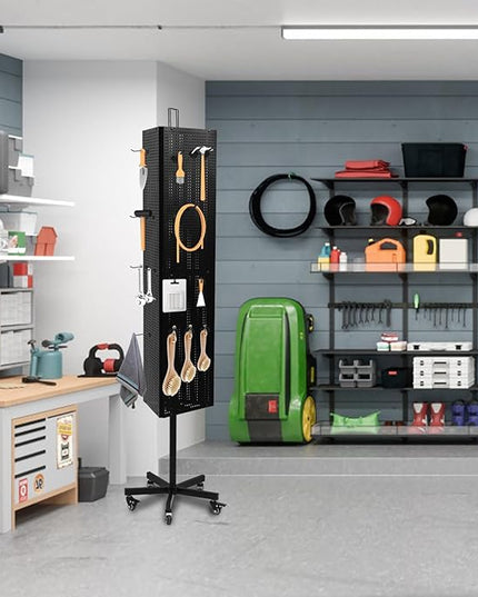 Triangular Metal Pegboard Panels Display with Base and Pole, Black Pegboard Display Stand with Wheels, Jewelry Display Rack, Art Display Stand, Extra 20 pieces Hooks