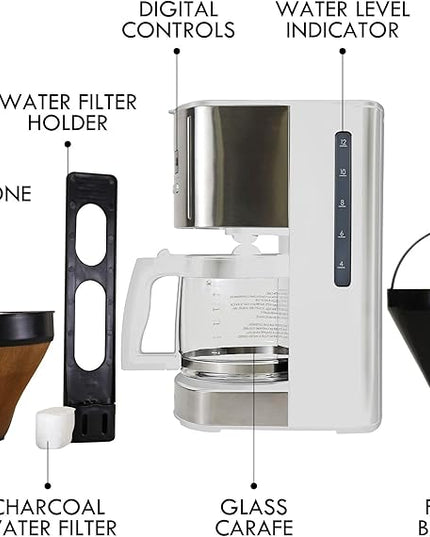 Kenmore Drip Coffee Maker - 12 Cup Programmable Cafe Machine With Glass Pot, Regular & Bold Brew, Auto Shut Off Large Water Reservoir, Reusable Filter, Kitchen Appliances For Cafeteria Barista, White