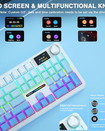 AULA F108 PRO - Wireless Mechanical Keyboard with Screen&Knob,Hot Swappable Gaming Keyboard with 8000mAh Battery,Pre-lubed Switches,RGB Backlit,PBT Keycaps Creamy Sounding Computer Keyboards,104 Keys