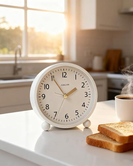 AOKILOM Analog Alarm Clock, Non-Ticking Silent Travel Small Clock, Battery Operated with On-Demand Light, Easy Set Gentle Wake, Ideal Decor for Bedroom, Bedside, Desk,Office(White)