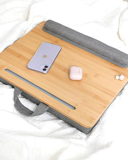 SUMISKY Lap Desk-Portable Laptop Stand with Cushion, Bamboo Platform with Phone Holder, Wrist Pad Fits up to 15.6 Inch Laptops