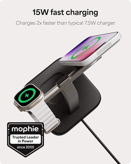 Mophie 3-in-1 Wireless Charging Stand - Qi2-Certified, MagSafe Charger for iPhone, Apple Watch & AirPods – Fast Charging Station with Adjustable Phone Stand & Cable Management – Up to 15W Power, Black