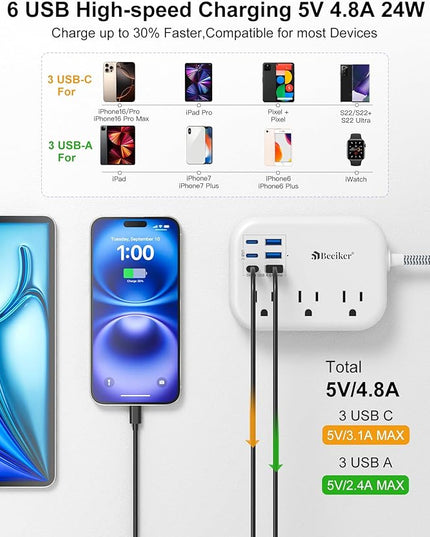 6 USB(3 USB C) Surge Protector Power Strip- Extension Cord 10 Ft with 24W USB Charging Station and 3 Outlets, Flat Plug Long Braided Extension Cord with Multiple Outlets for Home Office College Dorm