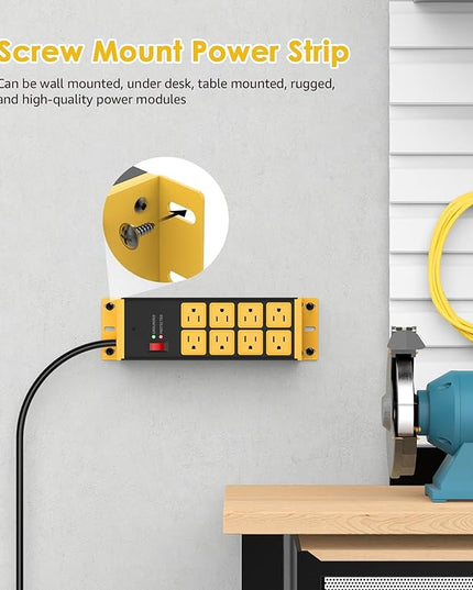 HHSOET 2 Pack Heavy Duty Power Strip 8 Outlets, Metal Wall Mount Outlet Strip 4800J Surge Protector, Garage Shop Under Desk Mountable 6FT Extension Cord Plug, ETL Listed