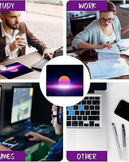 Neon Wireframe Sunset Mountain Mouse Pad Square Mouse Mat Non-Slip Rubber Base Mousepad with Stitched Edge, Portable MousePads for Desk Computers Laptop Office, 9.5x8 Inches