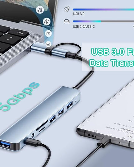 USB C Hub USB Hub 3.0, VIENON Aluminum 8 in 1 USB Extender with SD/TF Card Reader, 3.5mm Aux Headphone Jack for MacBook Pro Air and More PC/Laptop/Tablet Devices