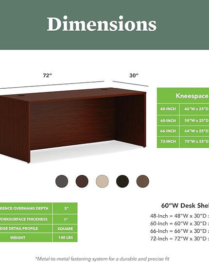 HON MOD Executive Desk 72-Inch Large Computer Desk Shell, Thick Wooden Laminate, Modern Table with Cord Management, 72" W x 30" D x 29" H, Traditional Mahogany