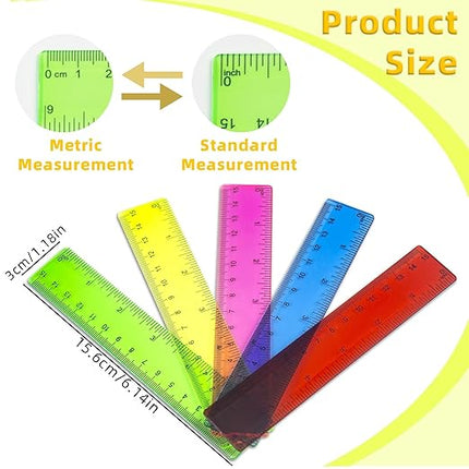 30Pcs 6 Inch Rulers with Inches and Centimeters in Bulk，Plastic Ruler in Assorted Colors, Clear Ruler, Transparent Rulers Bulk for Students Back to School Office Supplies(30Pcs)