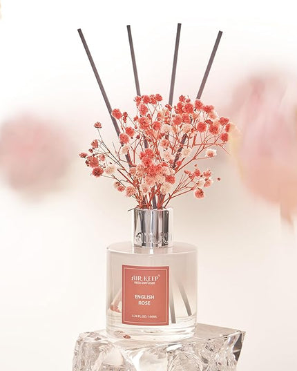 Airkeep Reed Diffuser Set,3.38 fl oz (100 ml) - English Rose Oil Diffusers with 8 Reed Sticks, Home Fragrance Reed Diffuser for Bathroom Shelf Decor