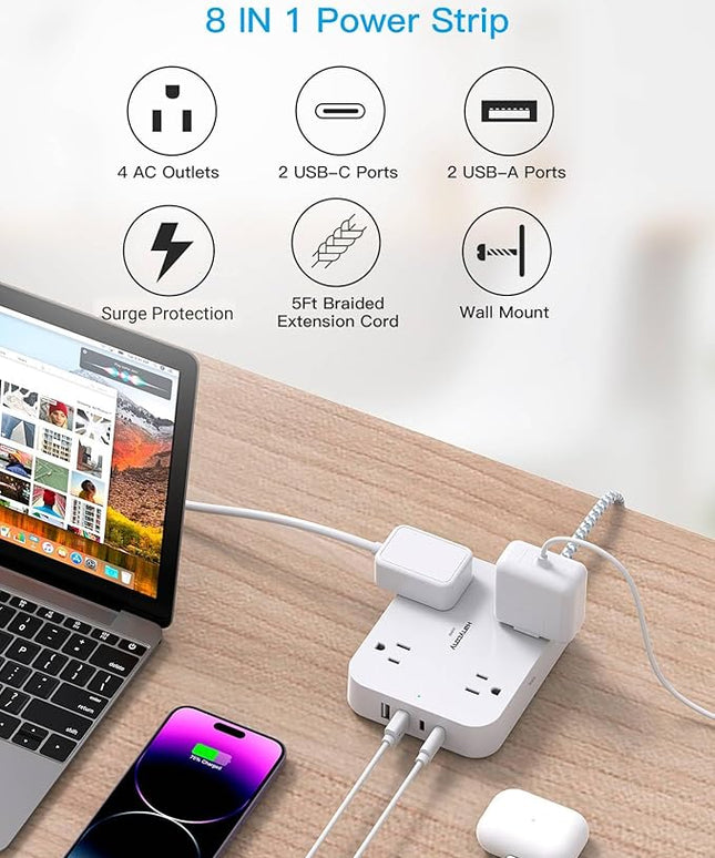 Surge Protector Power Strip, HANYCONY 5Ft Extension Cord with 4 USB Ports(2 USB C), 4 Widely Outlets Extender, Wall Mount, Desk Charging Station for Office School Travel College Dorm Room Essentials