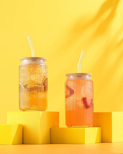 JoyJolt Fluted Glass Tumblers with Bamboo Lids and Glass Straws, Ribbed Can Shaped Drinking Glasses Set of 4, 16oz Cup with Lids and Straws, Iced Coffee Cups, Cocktail/Beer Glasses, Tea Cups