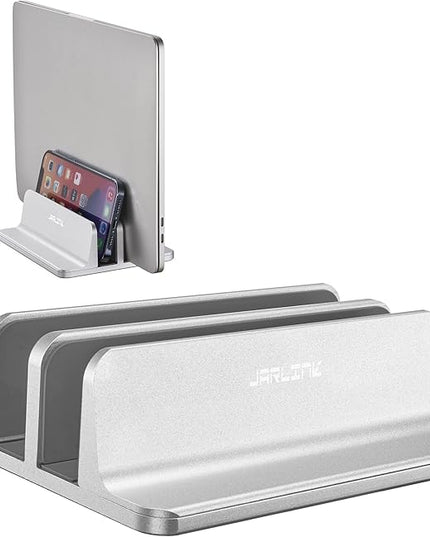JARLINK Vertical Laptop Stand Holder, Aluminum Double Desktop Stand Holder with Adjustable Dock (Up to 17.3 inch), Compatible with MacBook, Surface, Chromebook, and Gaming Laptops, Silver