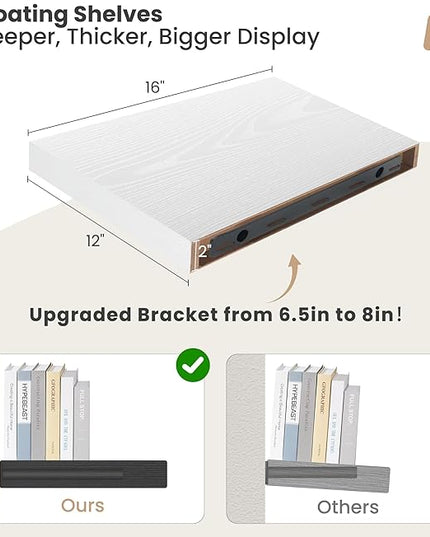 Heimlove 12 Inch Deep Floating Shelves, 16 x 12 inches Long Wall Shelf, Large Extra Display Shelf & Storage Shelf, Rustic Wood Wall Shelves for Fireplace Mantel, White - 2Pack