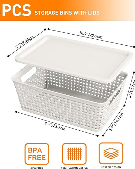Plastic Storage Baskets With Lid, Storage Bins for Organizing, Stackable Decorative Containers for Shelves Drawers Desktop Closet Playroom Classroom Office, 6 Pack- White