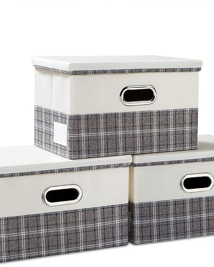 PRANDOM Collapsible Storage Bin with Lid [3-Pack] Fabric Foldable Storage Box Organizer Container Basket Cube with Cover for Home Bedroom Closet Office Nursery Gray plaid & Cream(14.9x9.8x9.8)