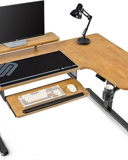 EUREKA ERGONOMIC L Shaped Standing Desk w Solid Wood Tabletop,61" Electric Corner Computer Desk, Adjustable Height Desk w Keyboard Tray,Dual Motor,LED Monitor Stand,Right/Oak