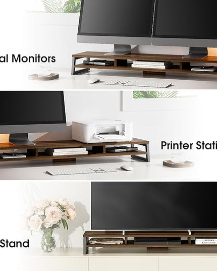 Fenge Dual Monitor Stand for Desk, 42.5in Large Monitor Riser for 2 Monitors, 2 Tier Computer Office Desk Top Shelf, Desktop Storage Stand for Laptop, PC, Computer, Printer