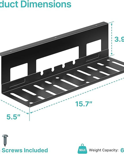 Under Desk Cable Management Tray, 15.7 Inches Metal Cord Organizer Rack, Desk Tray for Power Strip, Cord, Wire, Easy Mounting Cable Management Under Table for Home Office, Black