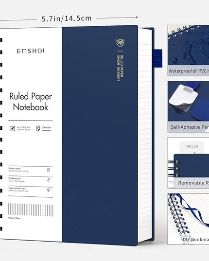 EMSHOI A5 Spiral Notebook College Ruled Lined Journal, Small 5.7" X 8.22", 300 Pages/150 Sheets, 100gsm Thick Paper, Waterproof Hardcover, for Office School Women Men Work Writing Notes, Blue