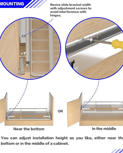 KIKIBRO Pull Out Drawer Cabinet Organizer, Expandable Slide Out Storage Shelves - Heavy Duty, Durable and Smooth Slide-Out, 12.3" x 18.3" Wide x 17.3" Deep, 2 Pack