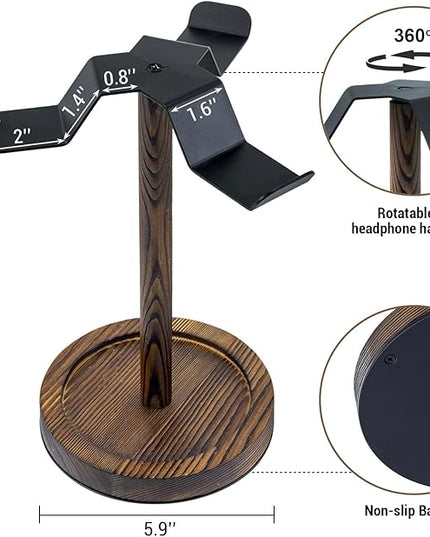 MyGift Industrial Matte Black Metal Headphone Stand with Burnt Wood Tray – Desktop Headset and Gaming Controller Holder for Office, Studio, or Console Setup