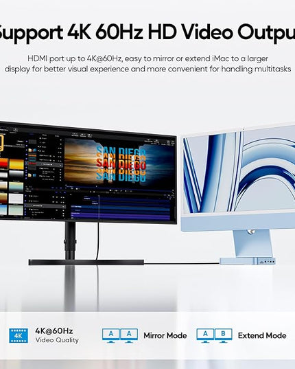 Upgraded 11 in 1 USB C Hub for iMac 24 inch USB Hub 2021 2023 2024 Support M.2 SSD (NOT Included), iMac Hub M1 M3 M4 Accessories, 4K HDMI, 2.5G Ethernet, 5 USB A/C Max 10Gbps, SD/TF - Blue