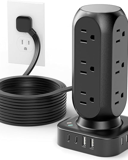 Tower Surge Protector Power Strip, Flat Plug 10FT Extension Cord with Multiple Outlets, 12 AC Outlets & 8 USB Ports, 24W Outlet Extender Overload Protection for Home Office Room