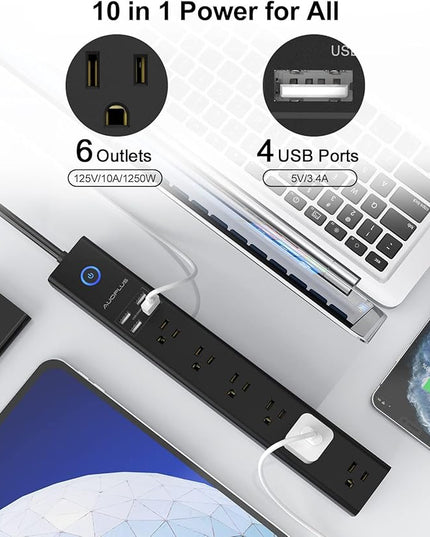 2 Pack Power Strip Surge Protector - AUOPLUS 6 Outlets 4 USB Ports 6Ft Long Extension Cords, Flat Plug Overload Protection, 2100 Joules, Wall Mount for Home, Office and Dorm Essential, ETL Listed