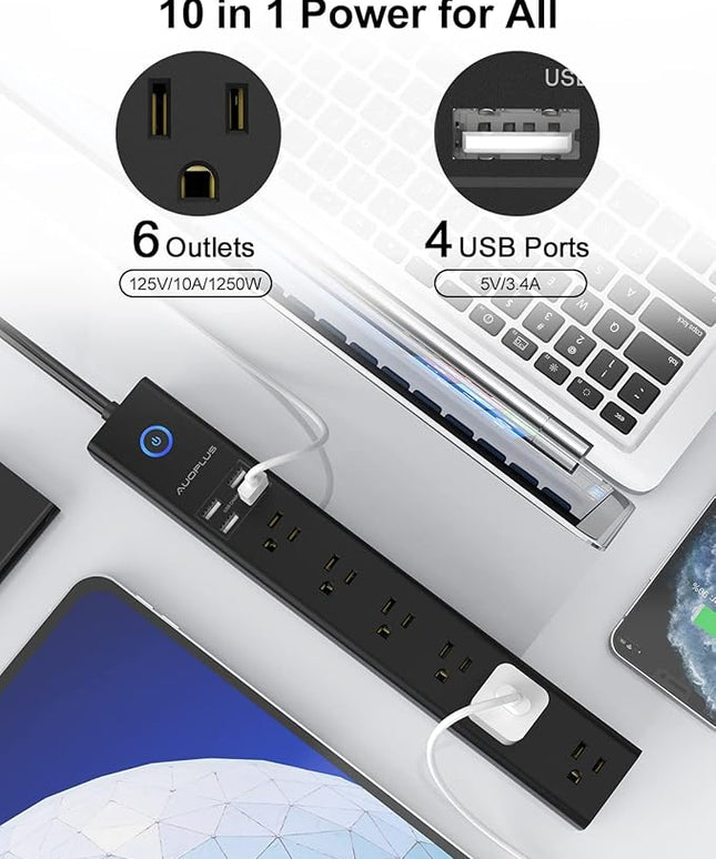 2 Pack Power Strip Surge Protector - AUOPLUS 6 Outlets 4 USB Ports 6Ft Long Extension Cords, Flat Plug Overload Protection, 2100 Joules, Wall Mount for Home, Office and Dorm Essential, ETL Listed