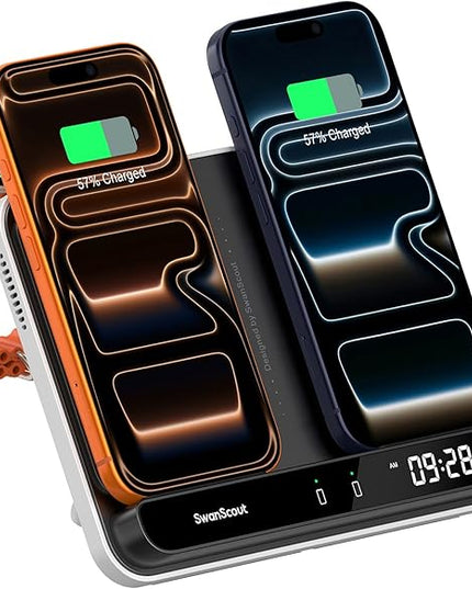 Dual Phone Charger, SwanScout 710A, Wireless Charger for iPhone 17/16/15/14/13/12/11/8/X Series, for Apple Watch 11/10/9/8/7/6, Ultra 3/SE 3, for AirPods Pro 3/4/Pro 2/Pro/3