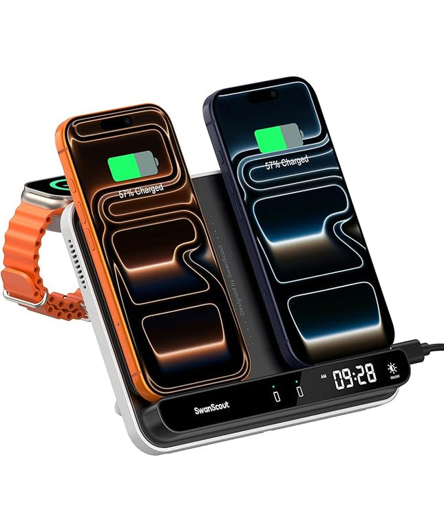Dual Phone Charger, SwanScout 710A, Wireless Charger for iPhone 17/16/15/14/13/12/11/8/X Series, for Apple Watch 11/10/9/8/7/6, Ultra 3/SE 3, for AirPods Pro 3/4/Pro 2/Pro/3