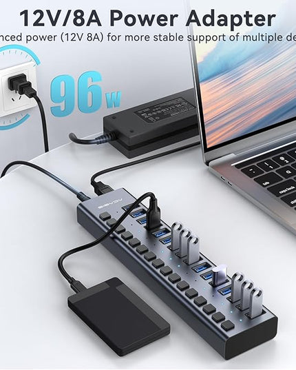 Powered USB 3.2 Hub, ACASIS 16 Ports USB 3.2 Hub with 10Gbps Data Speed，Aluminum Housing, USB Hub Powered with 96W Power Adapter, USB Hub for PC/Laptop, Computer, Flash Drive, Printer, Camera