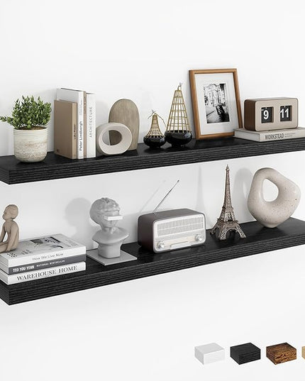 Dreamland 40Inch Floating Shelves for Wall, Rustic Wooden Black Floating Shelves for Living Room, Kitchen, Farmhouse, Deep Wall Mounted Book Shelf, Wood Storage Display Shelf for Home Decor, Set of 2