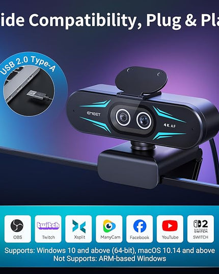 EMEET C60E Dual-Camera 4K Webcam for Streaming, Wide-Angle and Telephoto Cameras, Max 11X Hybrid Zoom & PDAF Autofocus, Remote Control, RGB Lighting, 2 Mics, Ideal for Livestreaming and Online Meeting