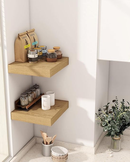 Fun Memories 12 Inch Floating Shelf, Rustic Wood Wall Shelves for Wall Decor & Storage, 12 x 12 Floating Shelf for Living Room, Bathroom, Bedroom, Oak, Set of 2