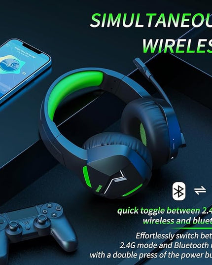 BINNUNE 2.4GHz Wireless Gaming Headset, Bluetooth 5.3 Gaming Headphones with Noise Canceling Mic, 120H Ultra-Long Battery, 50mm Drivers, Multi-Platform for PC / PS5 /PS4/ Switch/Mobile, Green