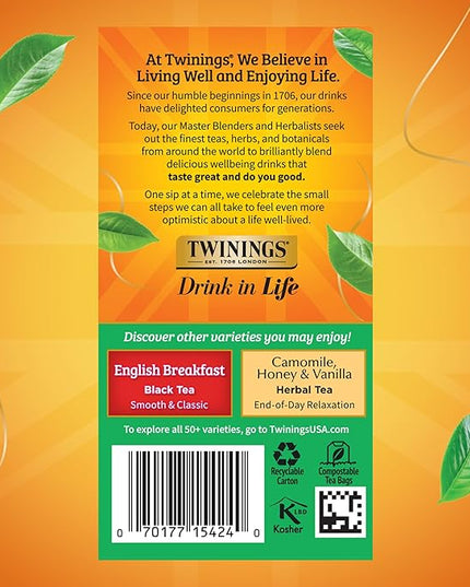 Twinings Irish Breakfast Black Tea Individually Wrapped Bags, 20 Count (Pack of 6), Flavourful, Robust Black Tea, Caffeinated, Enjoy Hot or Iced, 120 Teabags