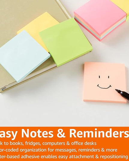 Amazon Basics Sticky Notes, 3x3 Inches, Assorted Colors Self-Stick Pads, Easy to Post for Home, Office, Notebook, 70 sheets/Pad, Pack of 12