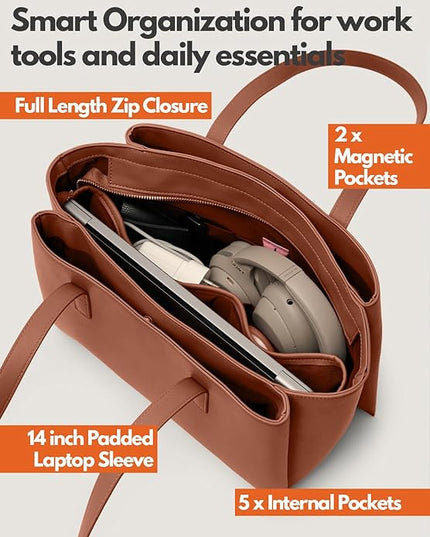 Work Tote Bags for Women 14 Inch - Work Bag Laptop Bag with Zip Compartments - Large PU Leather Office Computer Briefcase