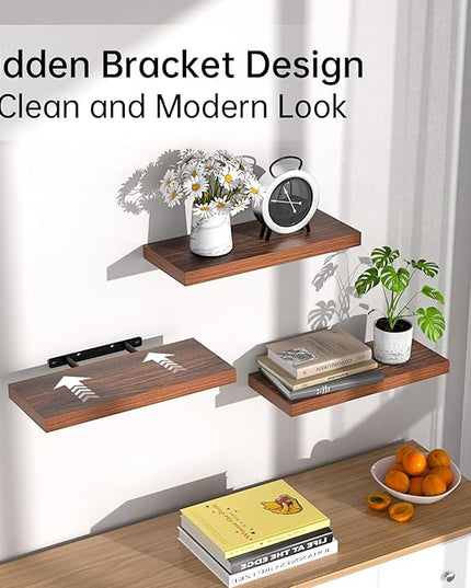 BAYKA Floating Shelves for Wall, Wall Mounted Rustic Wood Shelves for Bathroom, Bedroom, Living Room, Kitchen,Small Hanging Shelf for Books/Storage/Room Decor (Walnut-Like, Set of 3, 15.7in)