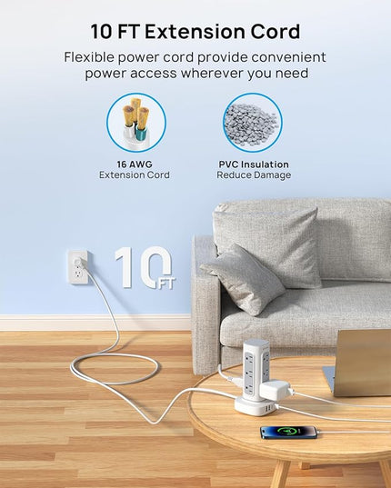 TROND Surge Protector Power Strip Tower - 10ft Flat Plug Extension Cord with Multiple Outlets, 4 USB Ports, Vertical Charging Station, 1700 J, Home Office Desk Supplies, Dorm Room Essentials, White