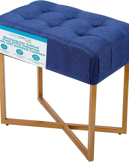 BIRDROCK HOME Rectangular Tufted Foot Stool Ottoman with Soft Padded Cushion - Versatile Vanity Chair for Bedroom, Living Room, Bathroom - Compact Seating for Adults - Blue with Pale Gold Metal Legs