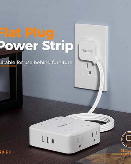 Surge Protector Power Strip, TESSAN 15 FT White Extension Cord Flat Plug with 8 AC Outlets 3 USB Ports (1 USB C), 900J Surge Protection, 3 Sided Wall Mountable Outlet Extender for Office Dorm Room