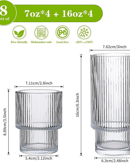 Ribbed Drinking Glasses Set of 8, Stackable Cute Kitchen Glasses Cups 16oz and 7oz Iced Coffee Glasses cocktail Glass cup for Water, Beverage, Whiskey