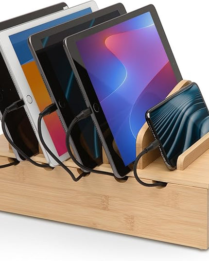 Prosumer's Choice Wooden Charging Station Organizer - 5-Port Base for Phones, Tablets and Laptops - Multi-Device Docking Station with Removable Divider Slots - Cord Box with Cable Management - Bamboo